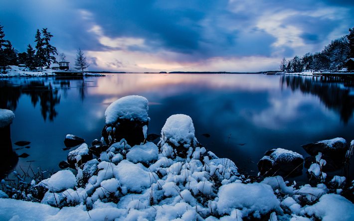 gazebo, the lake, winter, stones, sweden, landscape