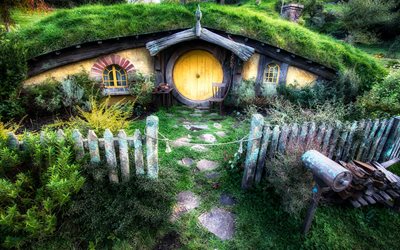 paysage, maison de hobbit, le seigneur des anneaux, parc