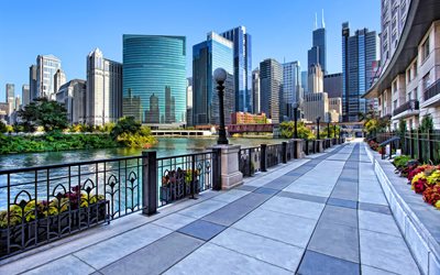 usa, chicago, the sidewalk, channel, skyscrapers