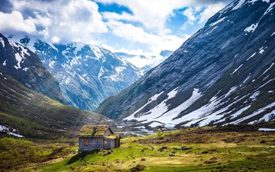 los rayos del sol, la casa, las laderas, montañas, noruega