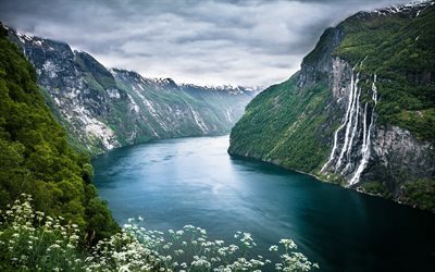 norway, geiranger fjord, rock, mountains, waterfall, river, geirangerfjorden