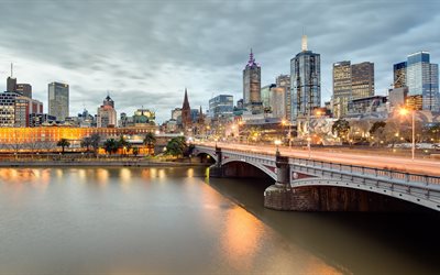 the bridge, the city, evening, australia, melbourne, river