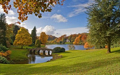 İngiltere, wiltshire, göl, köprü, sonbahar, ağaçlar, stourhead garden, peyzaj, park