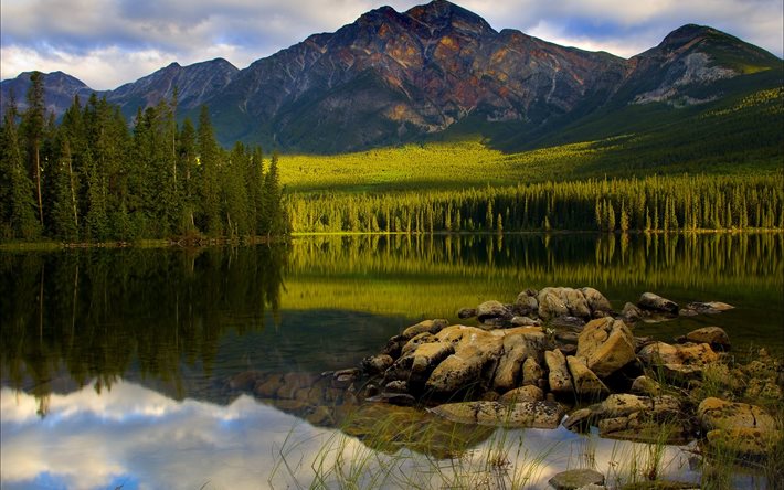 canadá, jasper, parque nacional, montanhas, lago