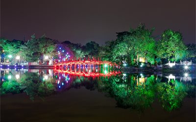 hanoi, el lago de la espada, vietnam, noche, luces