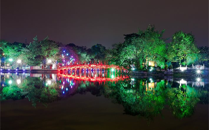hanoi, il lago della spada, vietnam, notte, luci
