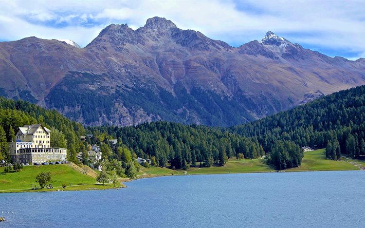 पहाड़ों, झील, परिदृश्य, सेंट moritz, स्विटज़रलैंड, स्विजरलैंड