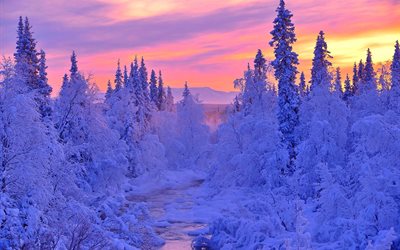 winter, effect, sunset, river, snow