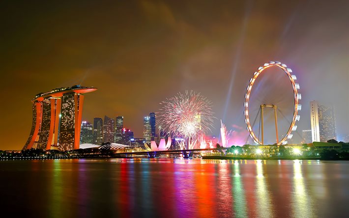 di notte, le luci, la giornata nazionale, la città, la parata, singapore