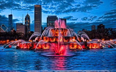 twilight, chicago, buckingham fountain, usa