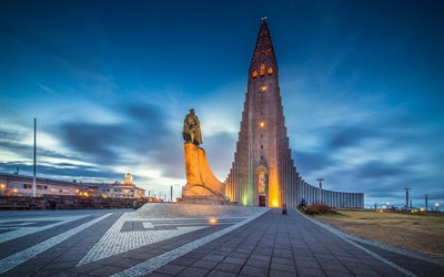 la noche, hallgrímskirkja, reykjavik, islandia, iglesia hallgrimskirkja