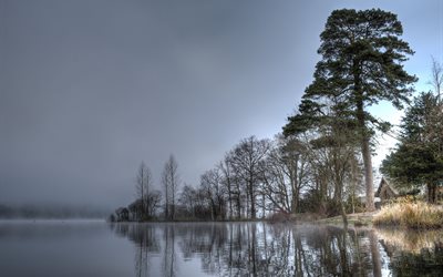 lago di windermere, in autunno, la nebbia, la scozia