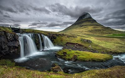 montanha, cachoeira, islândia, kirkjufell