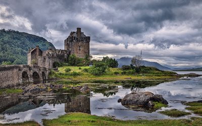 İskoçya, kale, çok, bir Alacakaranlık eilean donan