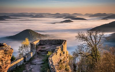 wegelnburg, germany, palatinate, the fortress, fog, hills, mountains
