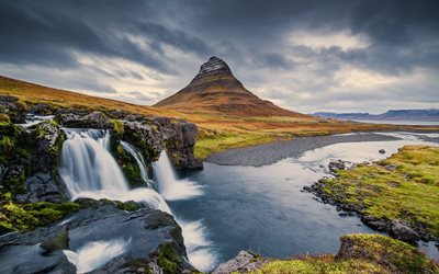río, roca, cascada, montaña, kirkjufell, islandia