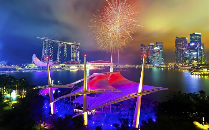 starkt ljus, natt, singapore, parad, nationaldag, marina bay