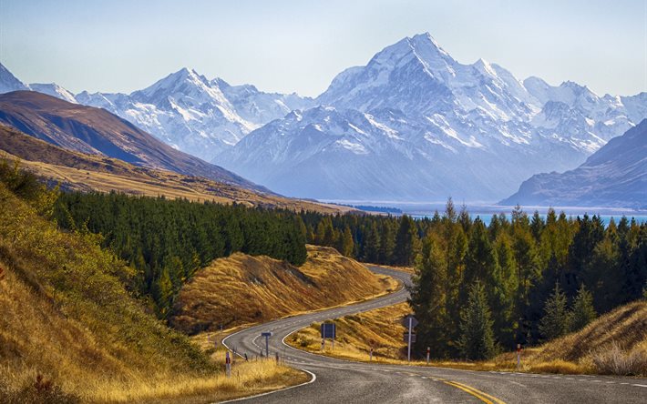 mount cook, national park, road, mountains, new zealand