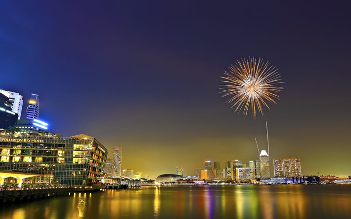 fuochi d'artificio, baia, luci, notte, giornata nazionale parata, singapore