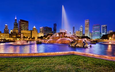 chicago, buckingham fountain, night, lighting