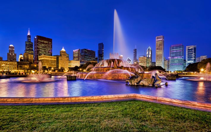 chicago buckingham fountain, nacht, beleuchtung