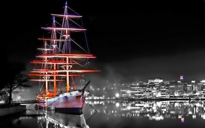 night, the harbour, sailboats, the city, ships, ship, backlight