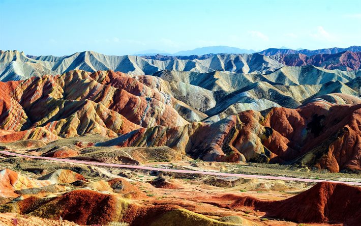 zhangye danxia, road, colored rock, mountains, china, zhangye, danxia