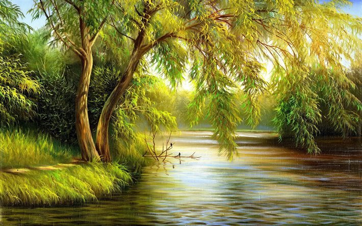 canvas, trees, green, nature, birds
