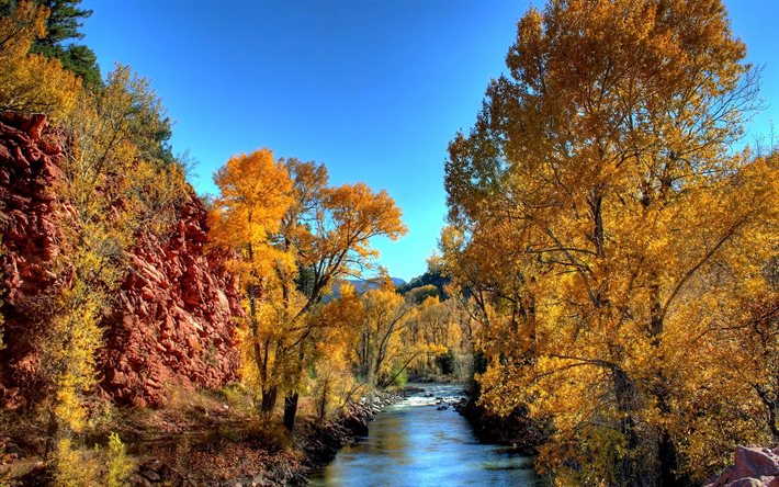 el cielo, el río, el otoño, rocas, árboles, hojas