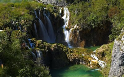 cascades, le parc national, la croatie, le pont, les lacs de plitvice, l'eau