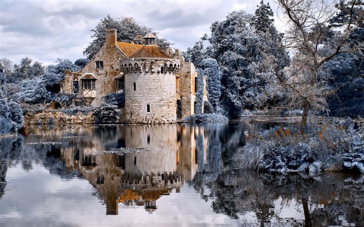 river, castle, trees, autumn, english castle, garden