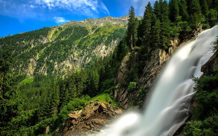 mountains, stream, forest, alps, krimml waterfalls, austria, the krimml falls