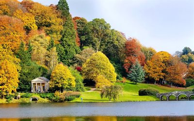 इंग्लैंड, बगीचे, नदी, शरद ऋतु, संपत्ति संग्रहीत, stourhead विल्टशायर