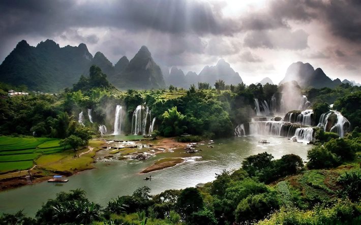 au vietnam, les chutes d'eau, la rivière, rayon de soleil, vietnam