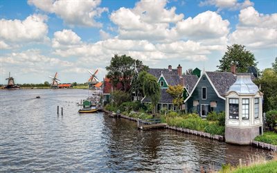नदी, पवन चक्कियों, घर, तट, नीदरलैंड, piers