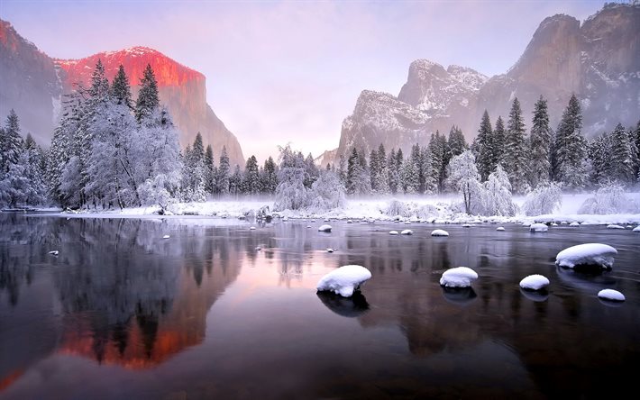 mountains, forest, river, reflection, frost, winter, snow