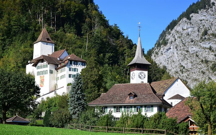 montañas, medieval, de los árboles, castillo, suiza, la valla