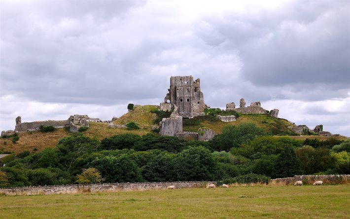 ruines, corfe castle, collines de purbeck, dorset, au sud de l'angleterre