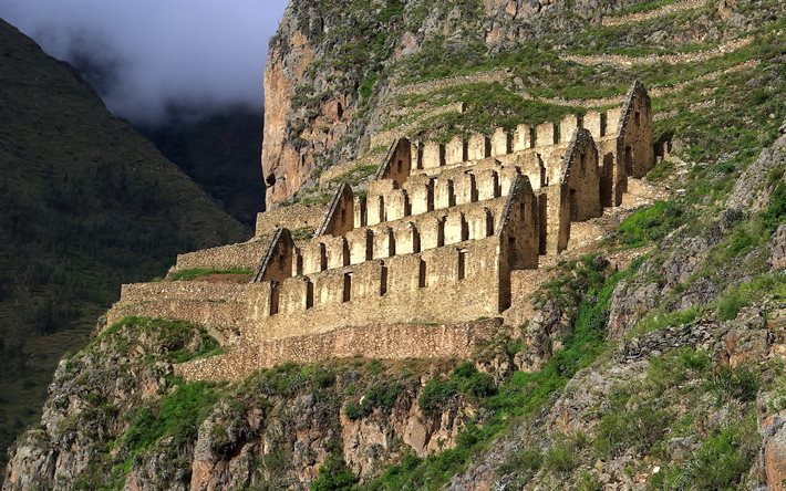 ollantaytambo, peru, escavações, ruínas, os incas, montanhas