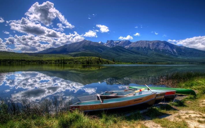 the lake, park, boats, mountains, canada, the sky, talbot jasper, grass