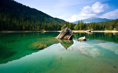 rock, orilla, agua, bosque, piedra, suiza, montañas, transparente, el lago, la laguna, la reflexión