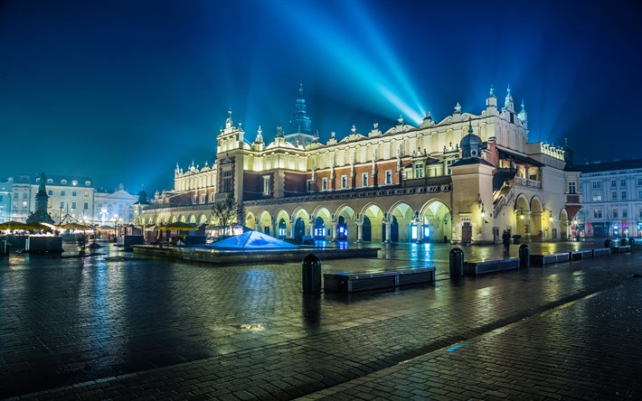 Cracovie, la nuit, les rayons de lumière, place, Pologne