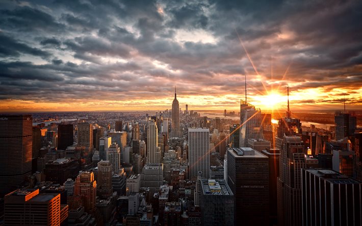 new york, 4k, sonnenuntergang, ansicht von oben, wolkenkratzer, usa, amerika