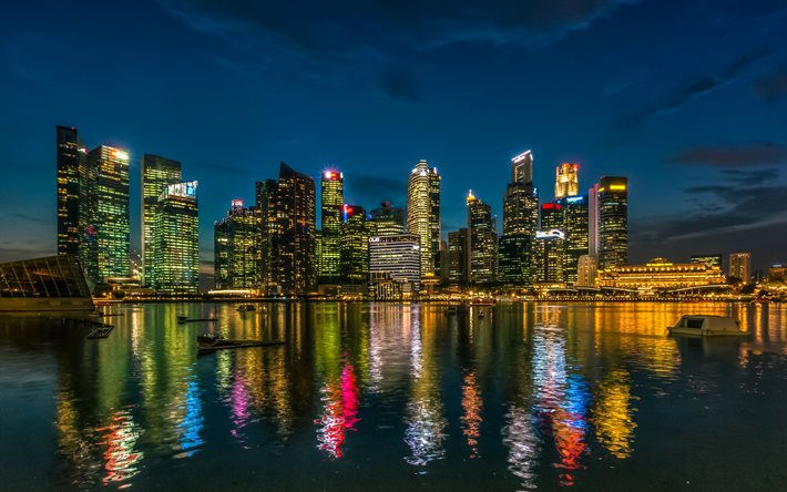 singapore, yö, heijastus, pilvenpiirtäjät, rakennukset, rannikko