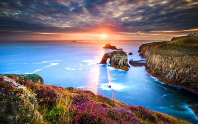 Lands End, 4K, sea, coast, sunrise, Cornwall, England, UK
