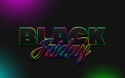 viernes negro, 4k, conceptos de ventas, creativo, letras 3d del arco iris, arte de neón, fondos negros, minimalismo del viernes negro, conceptos de viernes negro
