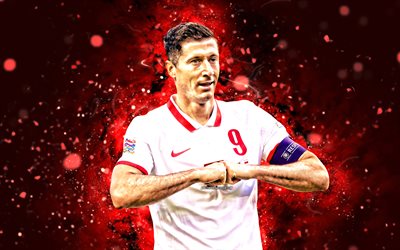 Robert Lewandowski, 4k, 2022, red neon lights, Poland National Football Team, soccer, footballers, red abstract background, Polish football team, Robert Lewandowski 4K
