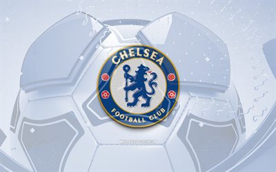 Chelsea glossy logo, 4K, blue football background, Premier League, soccer, english football club, Chelsea 3D logo, Chelsea emblem, Chelsea FC, football, sports logo, Chelsea