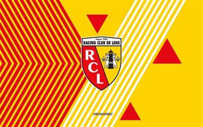 rc mercek logosu, 4k, fransız futbol takımı, kırmızı sarı çizgiler arka plan, uzaktan kumandalı mercek, 1 lig, fransa, hat sanatı, rc mercek amblemi, futbol, mercek fc
