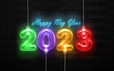 2023 새해 복 많이 받으세요, 4k, 다채로운 전구, 벽돌 벽, 2023년 컨셉, 2023 3d 숫자, 새해 복 많이 받으세요 2023, 창의적인, 2023 나무 배경, 2023년, 2023 전구 숫자 2023 검정색 배경